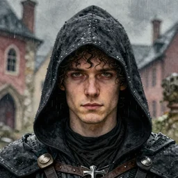 quiet, no smile, 4 0 years old male, serious, no smile, robber, curly hairs, wearing black assassin medieval hood, wlop, artgerm, jason chan, charlie bowater, sergey kolesov, medieval, fantasy d & d, watercolor on paper, hyper detail portrait, closeup on face, one face, one person, dark pastel building in the rain on the background