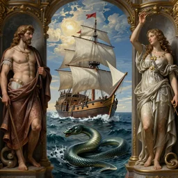 Odysseus's ship sailing past a sea serpent, by Rolf Armstrong and Evelyn De Morgan and Bastien Lecouffe-Deharme, dramatic lighting, high contrast colors, baroque, empyrean, panoramic view, as trending on Artstation, highly detailed, doom engine,
