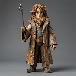 A sculpture made of recycled materials but with perfect definition, in the shape of Hagrid de Harry Potter