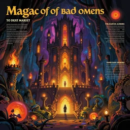 magma. dark fantasy cave palace of bad omens., infographic with illustrations, glowing lights, epic fantasy, colorfully, digital art, highly saturated colors, concept art, detailed illustration, hd, 4 k, digital art, greg rutkowski, dan mumford, studio ghibli trending on artstation