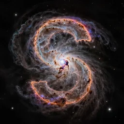 A colorful nebula that looks like a stussy S, space photography