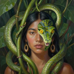a surreal painting of the ayahuasca vine plant spirit mixed with the face of a beautiful indigenous woman with green snake skin and yellow snake eyes, beautiful composition, matte painting, by christophe vacher, trending on artstation