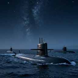 submarines and boats with a sky full of stars, waves by mcbess