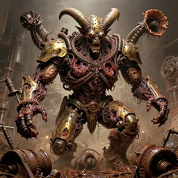 movie still of star demon in chaotic dreamed insanity, intricately macerated by age, sentient, dethroned goliath machine, blood turbines, hydrocracking battles, rusted, macerated, eviscerated by fimbria wires, bicornate fungal pit, brass sheen rotting, by alberto bontempi, jack kirby, alex ross, shigeru komatsuz
