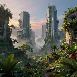 futuristic city in ruin, overgrown with lush plants and trees, fog light dusk, by ivan aivazovsky and jean giraud, coherent, hyper realism, high detail, vivid colors, octane render, unreal engine, 8 k, smooth gradients, high contrast, depth of field by jacek yerka