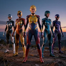 beauty, colored humanoid cybersuits, ultrarealistic, dramatic lighting, nightfall, vivid colors, ultrarealistic, beautiful lighting
