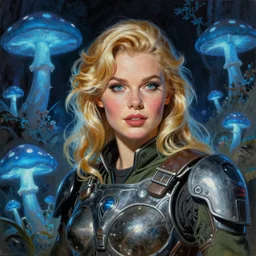 A mixed media portrait painting of a beautiful blonde woman, soldier, futuristic sci-fi armor, glowing blue mushrooms in mire, detailed Aesthetic! face and eyes, slavic, by Beeple, Frank Frazetta, Greg Rutkowski, Christian MacNevin, Boris Vallejo, epic fantasy character art, high fantasy, CGsociety, 60's Sci-fi Pinup, exquisite detail, post-processing, masterpiece, cinematic, crysis