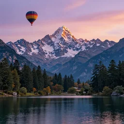 breathtaking himalayan landscape, pastel sunset, lake, realistic reflections, pine trees, hot air balloon, last light on mountain top, dreamy colors, photorealistic, landscape photography, beautiful, 4 k, trending on artstation, serene, blissful, national geographic