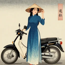 a tall thin beautiful vietnamese girl in an ao dai dress. and a conical hat. standing in front of a motorcycle. in Ukiyo-e  style