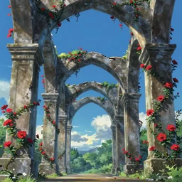 broken arches leading to the pillars of eternity draped with red flowers and vines, blue sky, Makoto Shinkai style