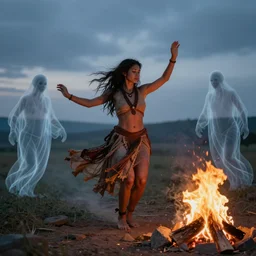 stone age woman dancing at the fire, transparent ghosts around, evening scene, 8K HD photo,