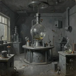 classic oil painting, inside of an abandoned radioactive alchemy lab, gray, as a dnd cover illustration, science equipment, ominous, concept art, extremely detailed, smooth, sharp focus, art by brothers hildebrandt