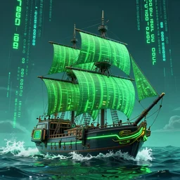 an epic looking cyberpunk pirate ship with neon sails, sailing in ocean waves made of neon green and teal matrix code, highly detailed digital by rob gonsalves, intricate, hyperrealistic, fantasy sci - fi, volumetric lighting, neon ambiance, bright colors, lens flare, 6 point perspective