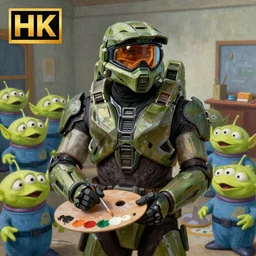 “an award-winning vivid renaissance painting of Master Chief from Halo holding a paint palette and paint brush, in front of a class of attentively listening young aliens students. Ultra HD in 8k”