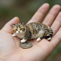 A miniature fat cat with a manette the size of a coin lies on the palm of his hand,