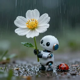 a cute tiny robot holds a big flower up in the rain, a ladybug is beside the robot, award winning macro photography, kodachrome, dramatic lighting