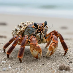 Detailed 4k photo of a Hermit crab with a curly mustache on the beach, afternoon