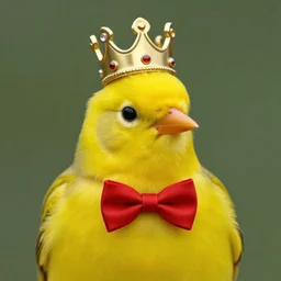 a yellow bird wearing a crown and a red bow tie by kevin sloan