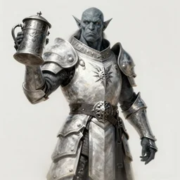 grey half - orc in white silver armor holding a metal tankard, d & d, fantasy, highly detailed, digital painting, trending on artstation, concept art, sharp focus, illustration, global illumination, shaded, art by artgerm and greg rutkowski and fuji choko and viktoria gavrilenko and hoang lap