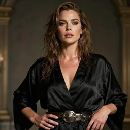 epic masterpiece beautiful young demi moore, dressed in a black satin robe and metal belt, sweaty skin, hyperrealistic, octane render, cinematic, beautiful face and flawless skin, perfect hands, 5 fingers, by edgar maxence and ross tran and michael whelan, legends of runeterra