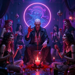 interior neon lighting photorealistic detailed matte painting of wan!! bald british man surrounded by tweakers!! addicts!! groupies! performing ritual blood!! magic! greg rutkowski artstation hdr vivid color vaporwave ( ( ( ( ( alphonse mucha ) ) ) ) ) goth