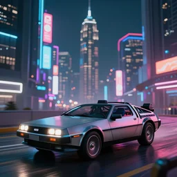 digital art of a futuristic neon city sharp photorealistic octane render, bokeh in the background only, a in futuristic delorean hover in the foreground, deep perspective
