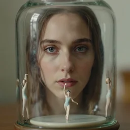 beautiful three point perspective film still of holly herndon in merce cunningham, extreme closeup portrait in style of frontiers in blade runner miniature photography fashion architectural art studio seinen manga edition, real - life porcelain statue in victorian glass jar, eye contact, anatomically correct, pointe pose, tilt shift background, soft lighting, panavision, 8 k, macro, cinematic style by wlop lubezki