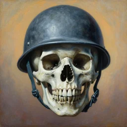 painting of soldier's skull, skull is wearing a helmet, tiny insects crawling out of the crevices of the skull, Zdzislaw Beksinski, Wayne Barlowe, Joe Fenton, Escher M.C., gothic, cosmic horror, biomorphic, lovecraftian, amazing details, cold hue's, warm tone gradient background