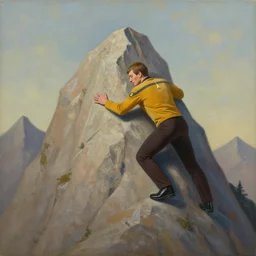 Captain Kirk is climbing a mountain; why is he climbing a mountain? To hug the mountain To envelop...that mountain, abstract painting, subtle and emotional and physical