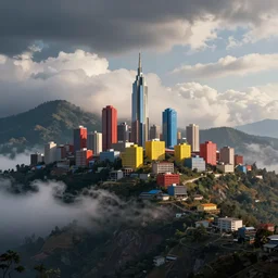 City on a hillside, futuristic city on mountainside, red yellow and blue buildings, clouds on hill