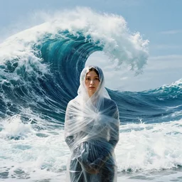 a woman wearing wrapped in plastic, standing in front of a giant tsunami wave, color photograph, by jan van eyck, canon eos c 3 0 0, ƒ 1. 8, 3 5 mm, 8 k, medium - format print
