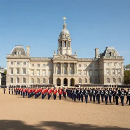 a victorian army parade ground, grand building, blue sky, sunny, detailed, volumetric, cinematic lighting, realistic, digital art by greg rukowski
