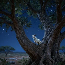 very very small goat, sitting on a gigantic banyan tree in moonlit socotra island by ilya kuvshinov, starry night, rtx rendering, octane render 1 2 8 k, maya, extreme high intricate details by tom bagshaw, medium shot, close up shot, composition by sana takeda, lighting by greg rutkowski, midsommar