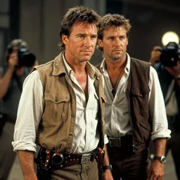 Raiders of the Lost Ark behind the scenes with Harrison Ford, full color production photograph from 1982
