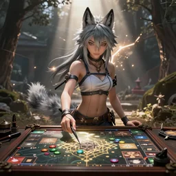 A screenshot from DnD Tabletop RPG featuring an anime wolf girl, unreal engine, ray tracing, god rays, DAZ, 4K, UHD, octane render, cinematic, volumetric lightning, game engine, Kyoto Animation, Yen Press