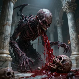 a beautiful high - quality photo of an entity of darkness hidden in an ancient marble city, devouring happiness and souls, vomiting blood, body horror, cosmic horror, volumetric lighting, hyperrealistic, very detailed, 8 k
