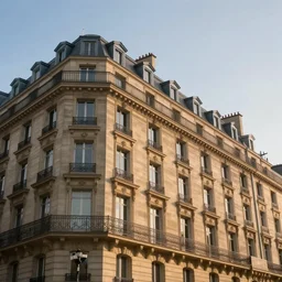 Parisian haussmann building during sunrise photographed from low angle, 4k, photorealistic, beautiful, impressive,