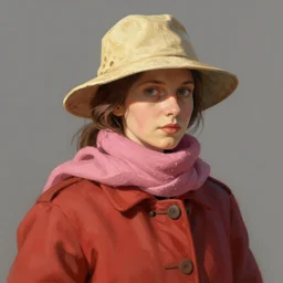 the shadow, pink scarf, yellowish hat, red coat, highly detailed, digital painting, artstation, concept art, sharp focus, illustration, inspired by greg rutkowski and alphonse mucha