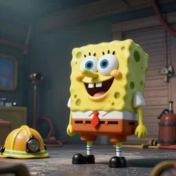 Spongebob square as a firefighter, photorealistic, cinematic lights, wide angel shot from below