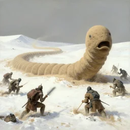a giant trypophobia sand worm attacks warriors in a snowy desert by the artist daniel oldenburg