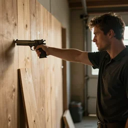 Video, a Man firing a pistol at a wooden plank in the garage.