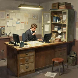 a disorderly ticket office, with a desk with locked drawers and a open cabinet, concept art, trending on artstation, wlop, ross draws, digital painting, mixed media, intricate details, volumetric lighting