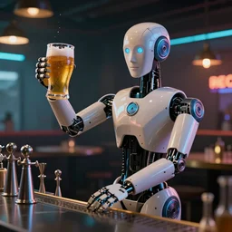 humanoid robot bartender serving beer in a cyberpunk pub