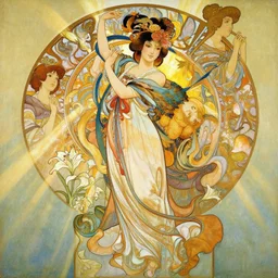 oil painting by yoshitaka amano, alfons mucha, makoto shinkai and john singer sargent, chinese taoist fairy goddess played by athena chu, colorful clothes and feather clothes of the tang dynasty, hyper detailed, character concept, full body, dynamic pose, intricate, lineart, cerpuscular rays, lily flowers. 8 k