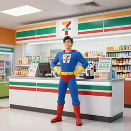 Vision superhero working as a 7/11 cashier, wide wide shot, very detailed, hdr photograph, beautiful lighting