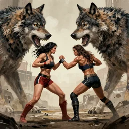woman fighting wolves mucha, shep fairey, obey giant, faile