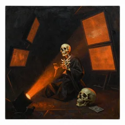 futuristic neon lighting scene of death of the money lenders, futuristic oil painting by rembrandt with led panel screens and projections, dynamic lighting, black and orange colour palette