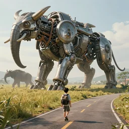 an intricate concept illustration, fantasy, a young boy with a backpack walking, along the road, asian field, mechanical large biomes, megafauna, ultra photorealistic, ultra sharp, artstation, cgsociety, masterpiece, by wlop, octane render, cinematic lighting, 8 k