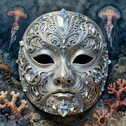 mask, intricate, by beksinski, by ernst haeckel, shiny crystalline, watercolor, jellyfish, coral,