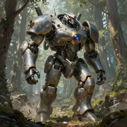 giant medieval battlemech walking through a forest, hyper realistic sci - fi matte concept art painting, beautiful details, strong composition painted by kim jung guweta studio rutkowski, james gurney and greg rutkowski, and lucasfilm, smooth, intricate, detailed, sharp focus, cinematic